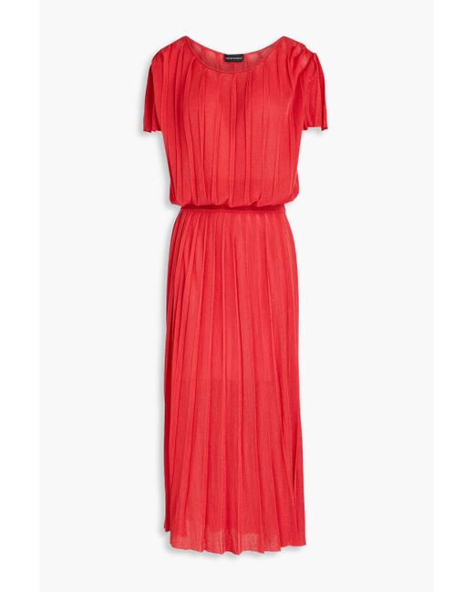 Emporio Armani Red Pleated Cupro-blend Midi Dress