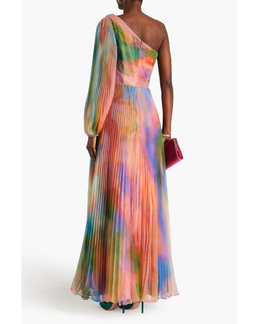 THEIA Blue Elle One-sleeve Pleated Tie-dyed Chiffon Gown