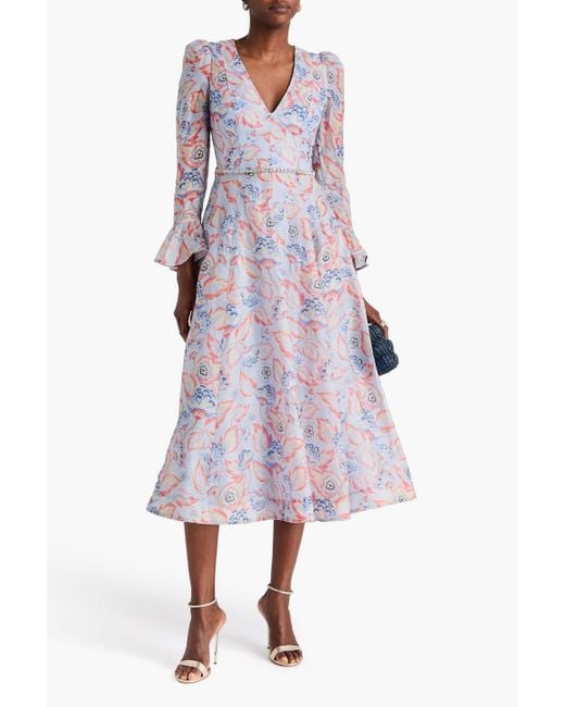 Zimmermann Blue Floral-Print Linen And Silk-Blend Organza Midi Dress