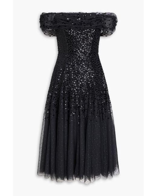 Needle & Thread Black Dappled Off-The-Shoulder Sequined Point D'Esprit Midi Dress