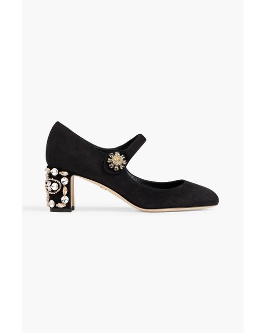 Dolce & Gabbana Black Embellished Suede Mary Jane Pumps