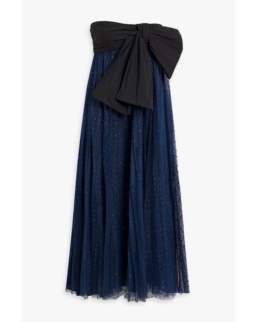 RED Valentino Blue Strapless Bow-Detailed Glittered Tulle Midi Dress