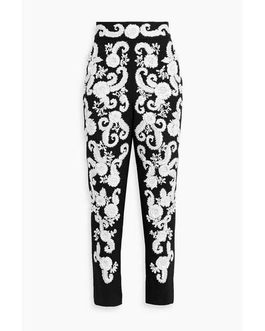 Carolina Herrera White Embellished Wool-Blend Crepe Slim-Leg Pants