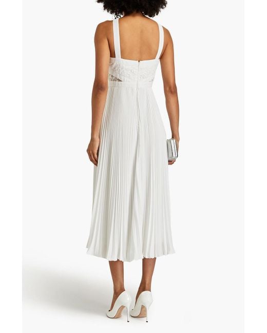 ML Monique Lhuillier White Guipure Lace-paneled Pleated Crepe Midi Dress