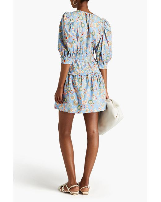 Diane von Furstenberg Blue Gathered Floral-print Cotton-blend Poplin Mini Dress