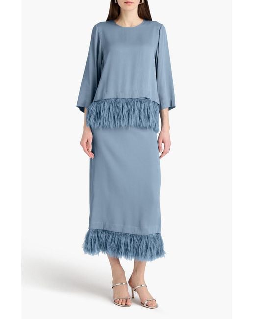By Malene Birger Blue Feather-Trimmed Satin-Crepe Top