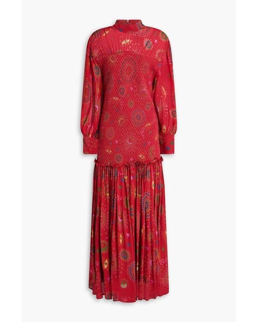 Farm Rio Gathered Printed Crepe De Chine Maxi Dress