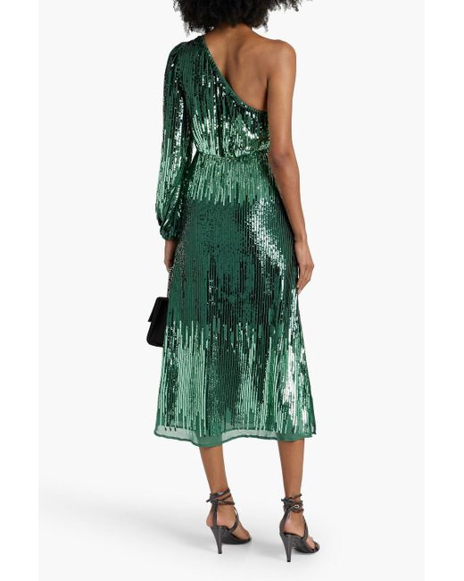 Rixo Green Bradshaw One-sleeve Sequined Tulle Midi Dress