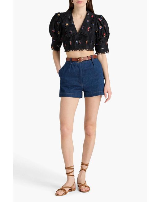 Farm Rio Black Cropped Embroidered Cotton Shirt