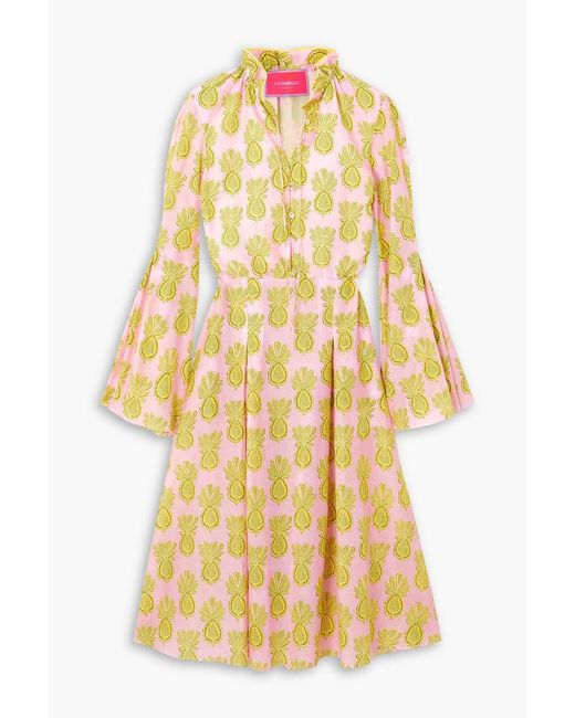LaDoubleJ Yellow Casanova Pleated Cotton And Silk-Blend Midi Dress