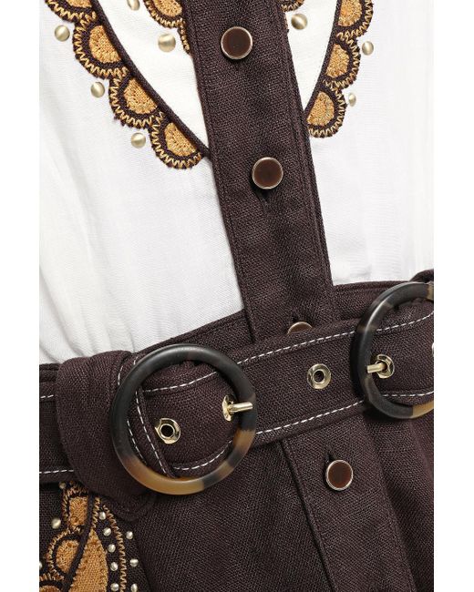 Zimmermann Brown Zippy Dandy Belted Embellished Cotton And Linen-canvas Mini Dress