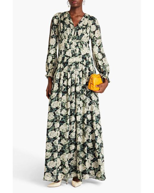 Mikael Aghal Green Pleated Floral-print Crepon Maxi Dress