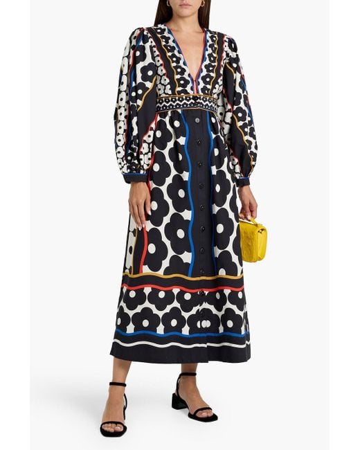 Farm Rio Black Printed Cotton Midi Dress