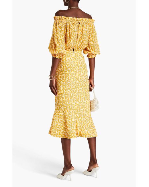 Saloni Yellow Grace Off-the-shoulder Printed Silk Crepe De Chine Midi Dress