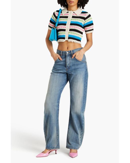 Sandro Blue Cropped Striped Crocheted Cotton-blend Cardigan