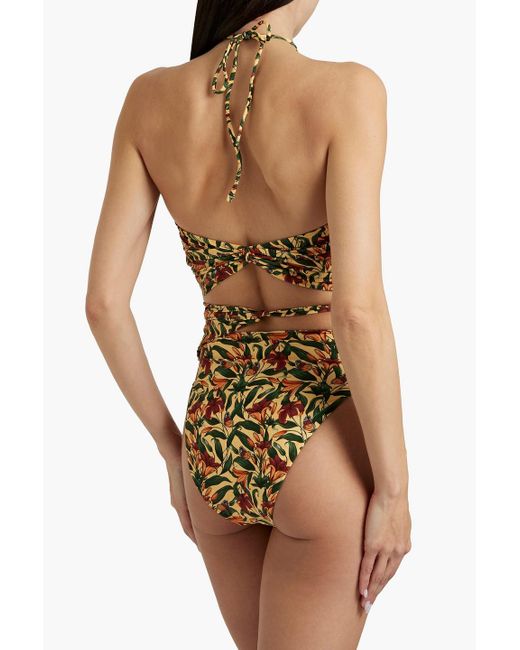 Agua Bendita Metallic Sepia Monarca Cutout Floral-print Halterneck Bandeau Bikini Top