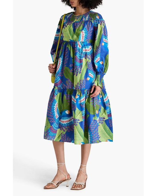 Farm Rio Blue Tiered Printed Cotton-poplin Midi Dress