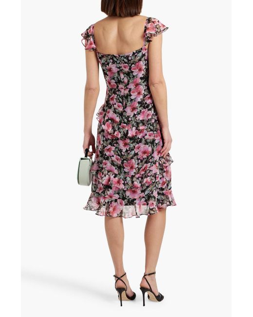 Mikael Aghal Red Ruffled Floral-print Chiffon Dress