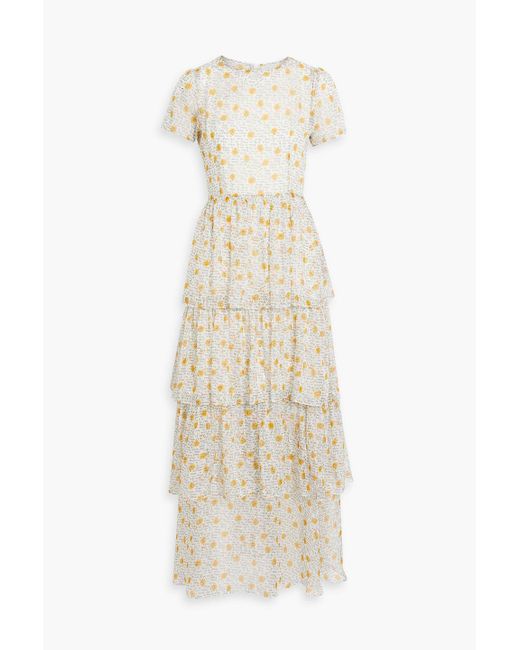 HVN White Brynn Tiered Printed Georgette Maxi Dress