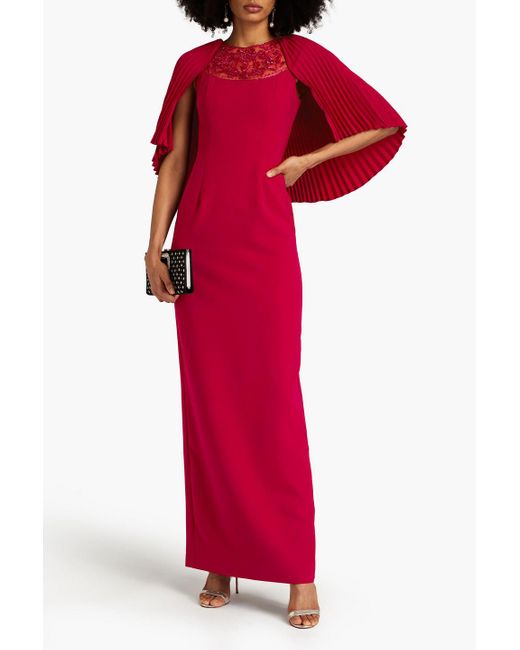 THEIA Red Cape-effect Embellished Crepe Gown