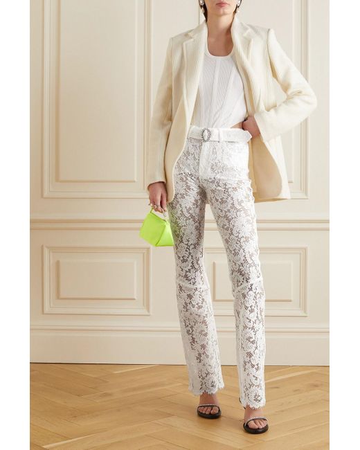 Alessandra Rich White Belted Crystal-embellished Cotton-blend Lace Flared Pants
