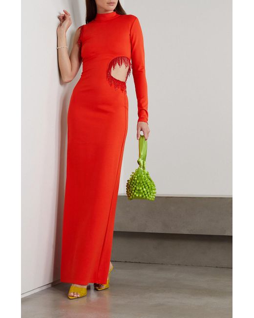 Staud Red Kristen maxikleid aus crêpe mit cut-out, fransen und zierperlen