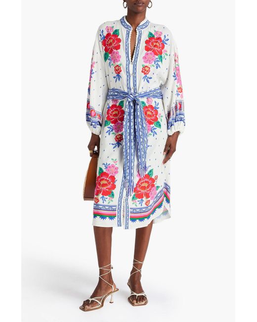 Farm Rio White Kaftan aus einer leinenmischung mit gürtel und floralem print