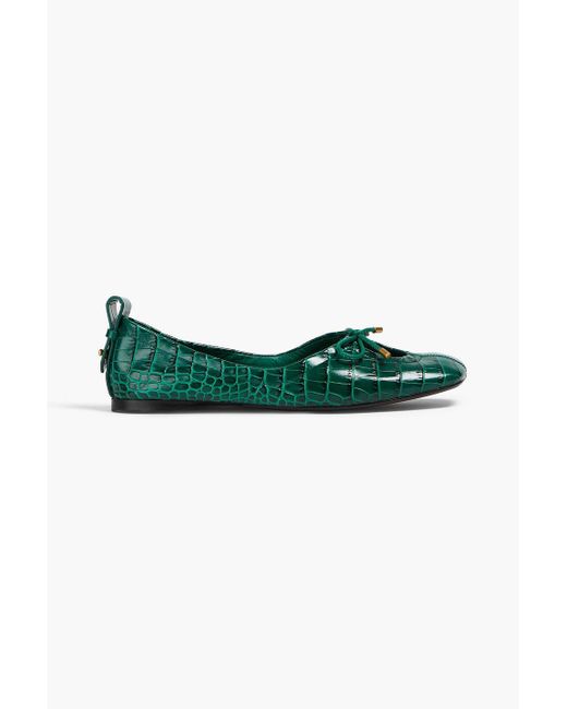 FRAME Green Le Sunset Bow-detailed Croc-effect Leather Ballet Flats