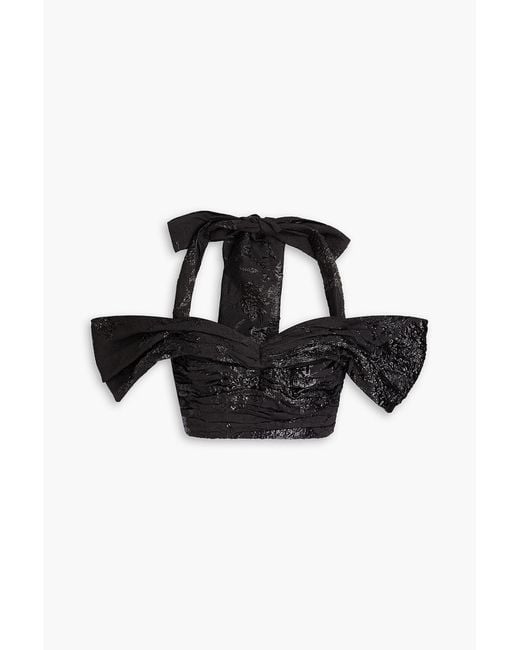 Rasario Black Cropped Metallic Jacquard Halterneck Top