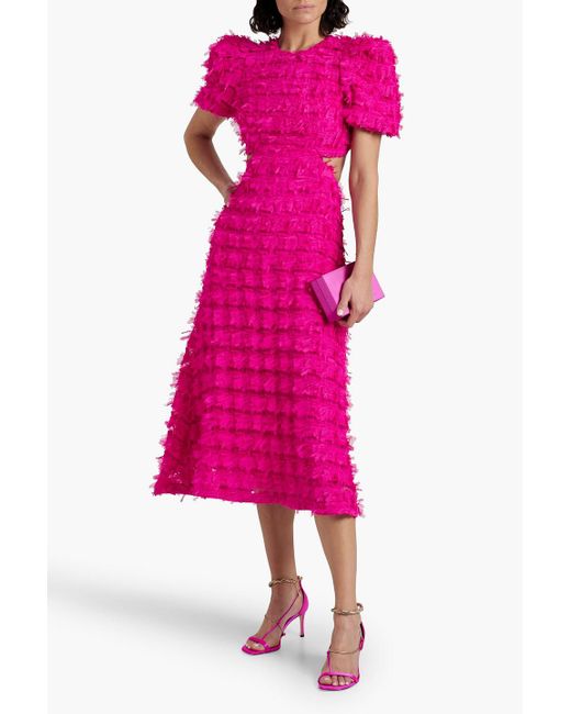 Rebecca Vallance Pink Cherie Amour Cutout Fringed Stretch-tulle Midi Dress