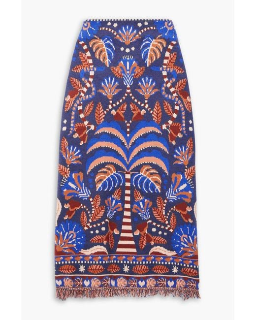 Farm Rio Blue Fringed Jacquard-knit Midi Skirt