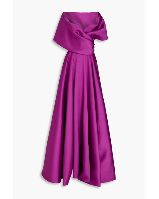 Rhea Costa Purple Wrap-effect Draped Satin-twill Gown