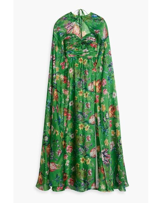 Marchesa Green Cape-effect Floral-print Charmeuse Gown