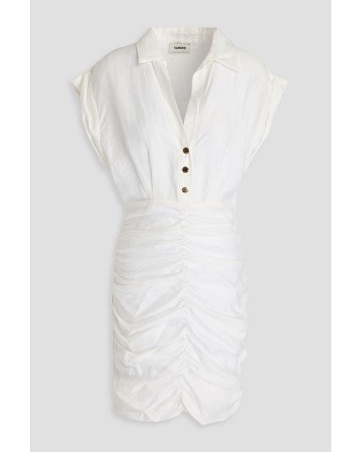 Sandro White Ruched Woven Mini Shirt Dress