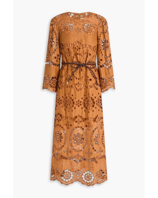 Zimmermann Orange Broderie Anglaise Linen Midi Dress