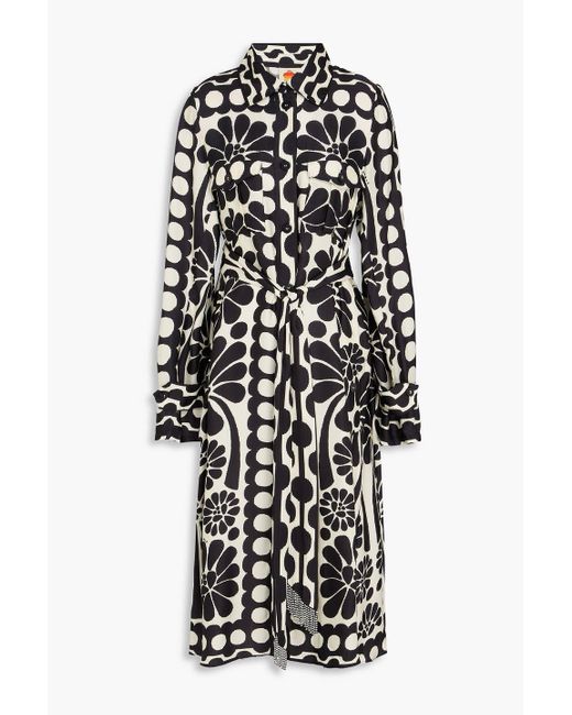 Farm Rio White Bead-embellished Printed Satin Midi Shirt Dress