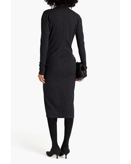 Brunello Cucinelli Black Wrap-effect Bead-embellished Wool-blend Jersey Midi Dress