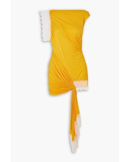Christopher Esber Yellow Galathea Asymmetric Lace-Trimmed Crepe De Chine Mini Dress