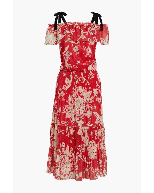 RED Valentino Red Cold-shoulder Pleated Perforated Floral-print Jersey Midi Dress