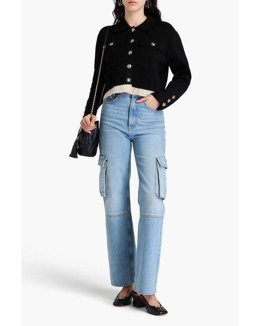 Sandro Black Satin-trimmed Stretch-knit Cardigan