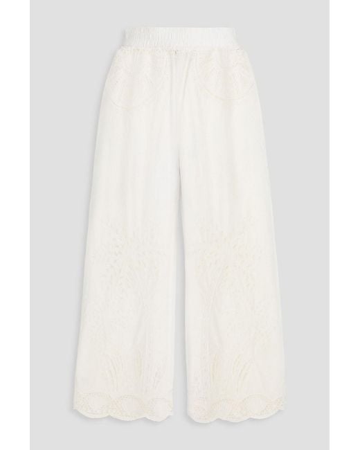 Farm Rio Natural Cropped Broderie Anglaise Cotton Wide-leg Pants
