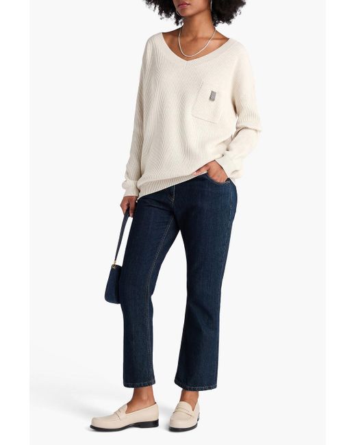 Brunello Cucinelli Natural Bead-Embellished Ribbed Cotton Sweater