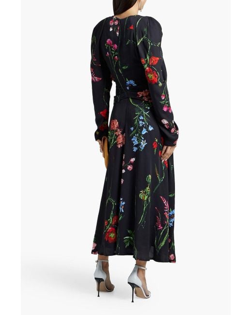 Lela Rose Black Ruched Floral-print Crepe Midi Dress