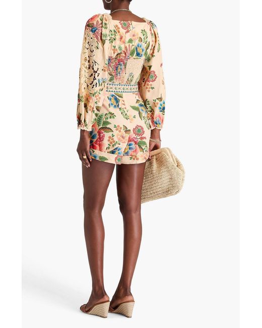 Farm Rio Orange Guipure Lace-trimmed Floral-print Linen-blend Playsuit