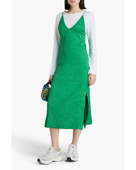 Ganni Green Crinkled-satin Midi Dress