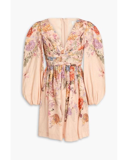Zimmermann Pink Pleated Floral-Print Linen Mini Dress