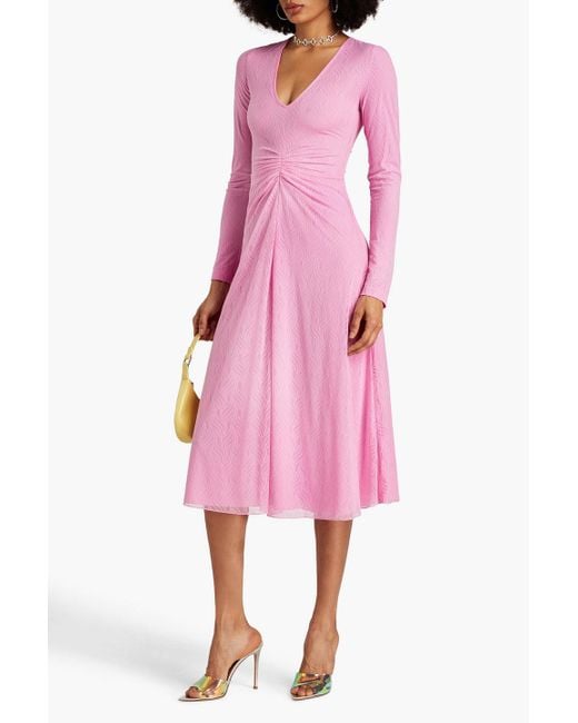 ROTATE BIRGER CHRISTENSEN Pink Ruched Stretch-lace Midi Dress