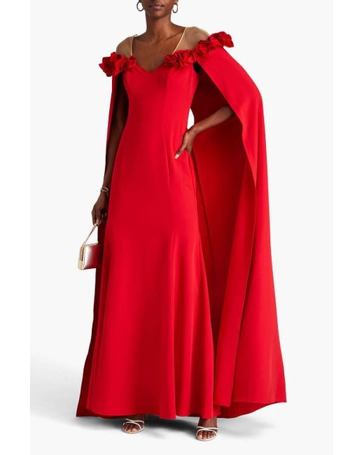 Marchesa Red Tulle-paneled Cape-effect Stretch-crepe Gown