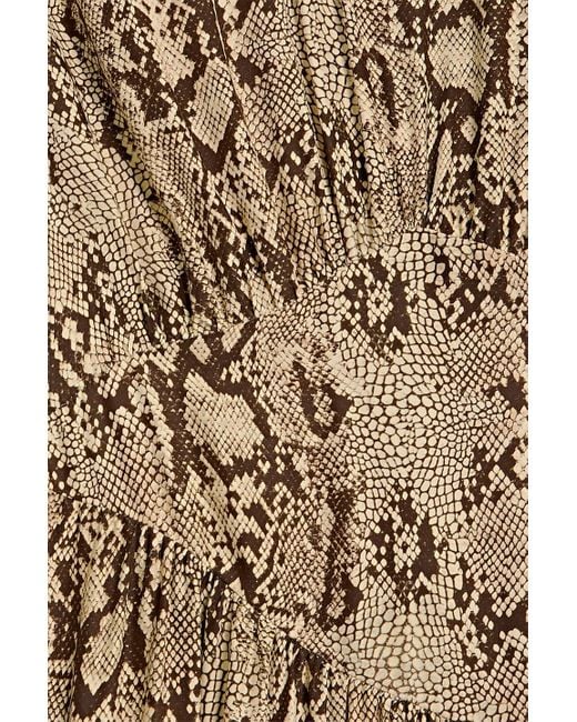 FRAME Natural Asymmetric Snake-print Silk-satin Midi Dress