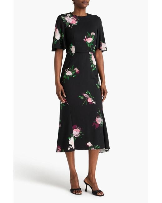 Erdem Black Pleated Floral-print Stretch-cady Midi Dress